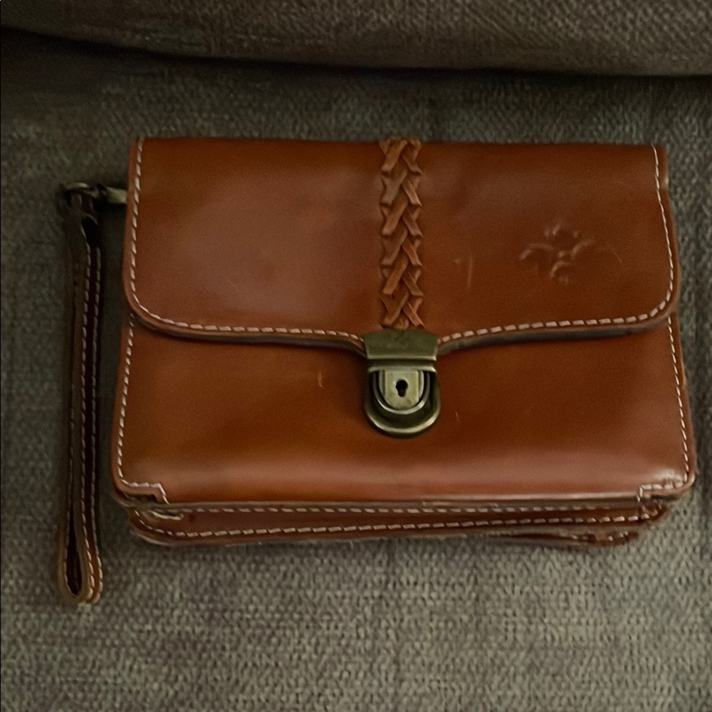 Brown Leather Clutch with Braided Design and Metal Clasp
